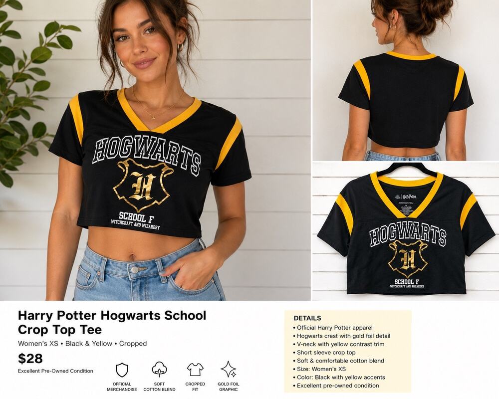 Harry Potter Hogwarts Cropped Jersey Tee XS Black & Gold Graphic V-Neck